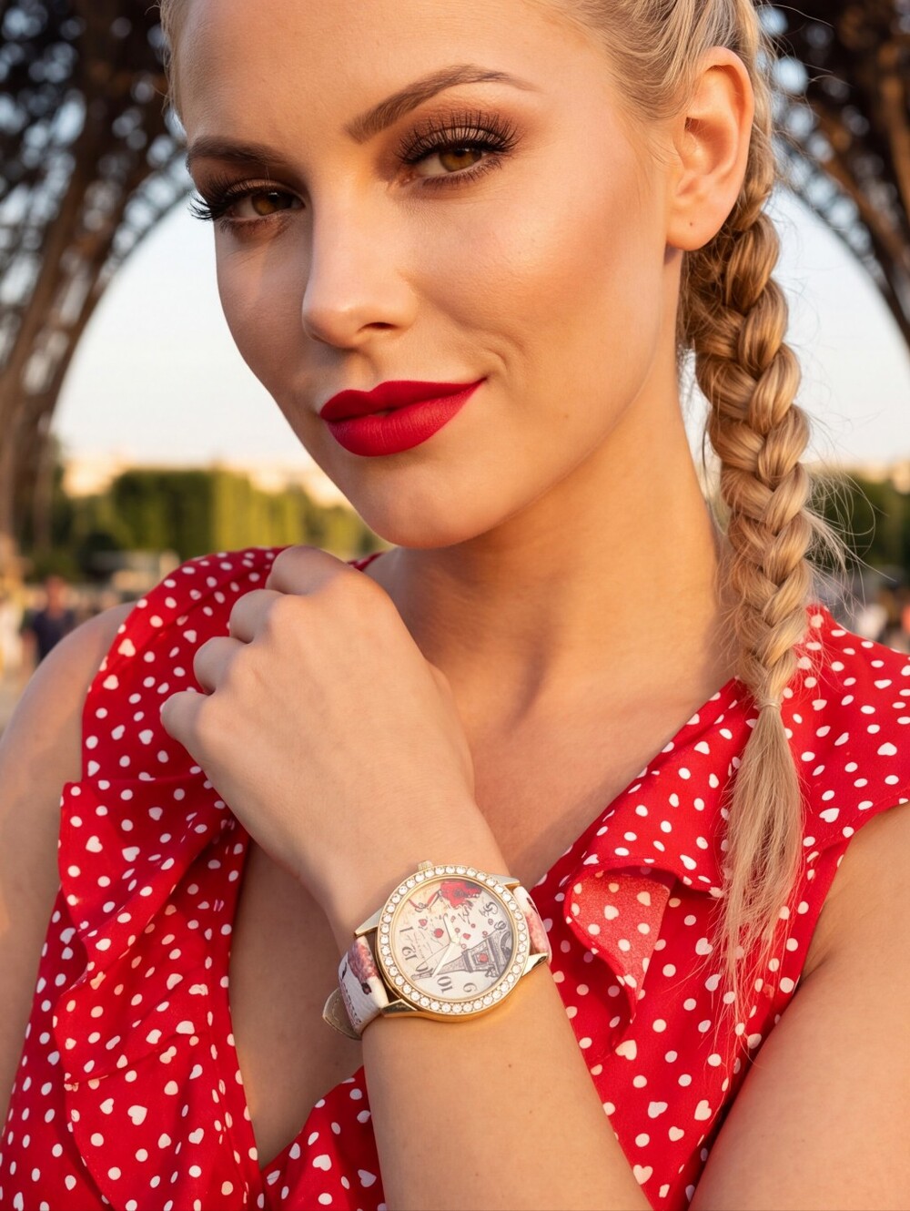 Gold-Tone Paris Eiffel Crystal Accent Watch - White Strap (Watch Needs Battery)